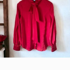 Cece Red Button Up Bow Tie Blouse Size Small